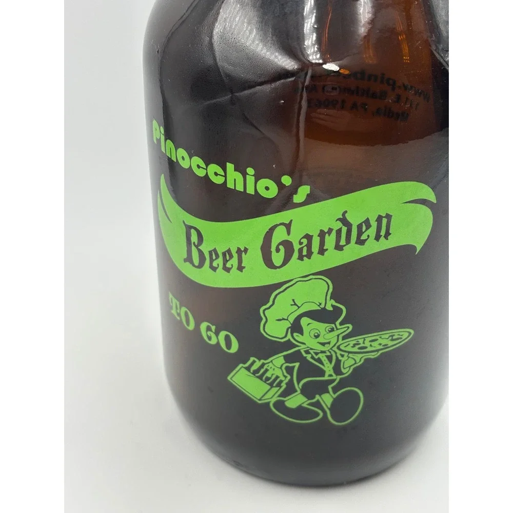 Pinocchios Beer Garden 64oz Amber Glass Growler Media PA Vintage Beer‎ Jug Pizza